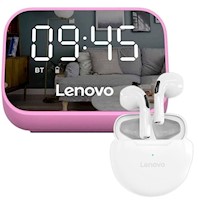 Parlante Bluetooth con Reloj Tipo Espejo Lenovo TS13 rosado + Audifonos HT38 Blanco